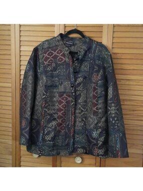 Maggie Barnes Tapestry Patch Quilt Print Long Sleeve Marderin Collar Blazer 2X